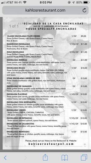 Menu at Kahlo's Restaurant  in Denver