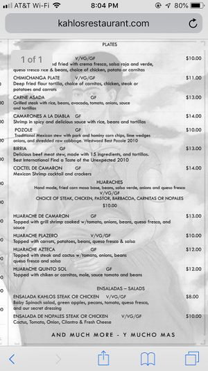 Menu at Kahlo's Restaurant  in Denver