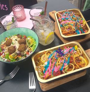 Falafel salad and loaded fries at Botanique in Hasselt