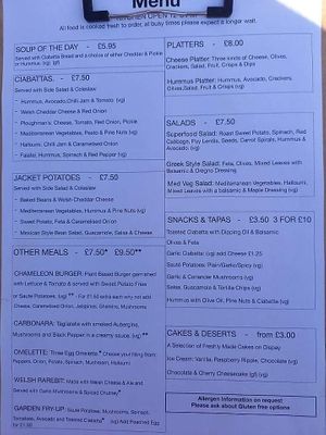 Menu at Cafe Chameleon in Ystradgynlais
