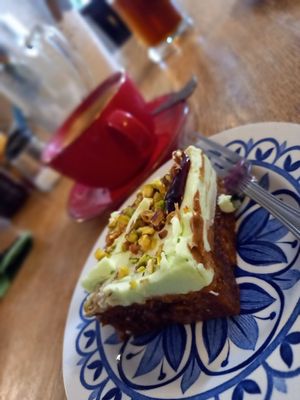 Vegan carrot and pistachio sponge at Cafe Chameleon in Ystradgynlais
