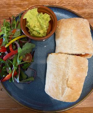 Tomato, hummus, chilli jam and avocado ciabatta   at Cafe Chameleon in Ystradgynlais