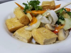 tofu veggie over fresh rice noodle gravy style  at Pho Fresh in Rancho Cordova