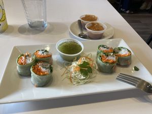 Summer rolls with delicious sauces. There were two more but I was hungry    at Rice Fine Thai Cuisine in Bozeman