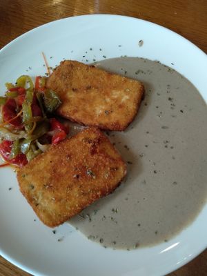 Escalopes de tofu con salsa de hongos at Garraxi Restaurante Vegetariano in San Sebastian