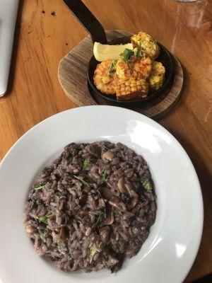 Mushroom risotto (small size) and sliced corn with paprika at Vivace in Auckland
