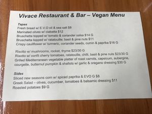 Vegan menu at Vivace in Auckland