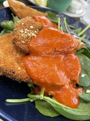 Eggplant parm on a bed of spinach   at Green Vegetarian Cuisine - Quarry Market in San Antonio