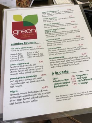  Breakfast menu  at Green Vegetarian Cuisine - Quarry Market in San Antonio