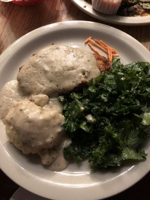 Chick’n fried chick’n with mashed potatoes & gravy and kale salad   at Green Vegetarian Cuisine - Quarry Market in San Antonio