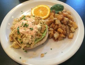 Vegan eggs benedict with tofu at Green Vegetarian Cuisine - Quarry Market in San Antonio