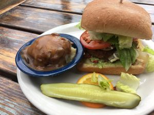 delicious gravy and mashed potatoes and filling Big Nasty Burger  at Green Vegetarian Cuisine - Quarry Market in San Antonio