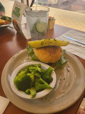 Burger and cucumber water at Green Vegetarian Cuisine - Quarry Market in San Antonio