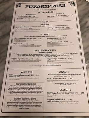 Dec 2018 Vegan Menu at Pizza Express in Carlisle