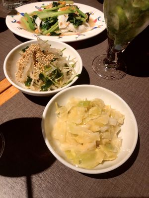 Yuzu cabbage and bean sprout appetiser dishes at Tiger Gyoza Hall  in Tokyo