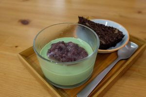 Matcha red bean pudding and chocolate brownie at Original Vegan 原粹蔬食作 - Yuán Cuì Shū Shi Zuò in New Taipei City
