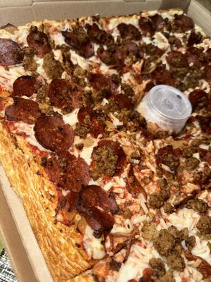 Sicilian style with pepperoni, ham, and sausage   at Mandy's Pizza in Pittsburgh