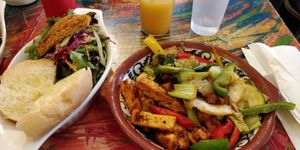 Tofu with potatoes and sauteed veggies+bread, salad and vegepate at Chez Jose Cafe in Montreal
