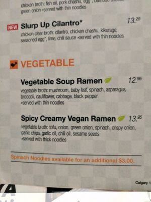 Veggie Menu Section at JINYA Ramen Bar in Calgary