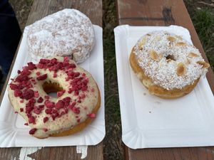 Filled donuts at Blue Vegan Pig Shop in Prague