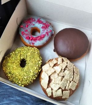 Pistachio with chocoate filling, Cinnamon flavoured, Boston and Blue chocolate with raspberries at Blue Vegan Pig Shop in Prague
