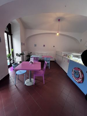 Enough seating available for a  coffee   at Blue Vegan Pig Shop in Prague