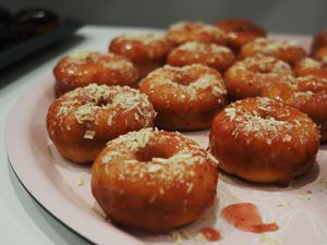 Strawberry donuts with white chocolate at Blue Vegan Pig Shop in Prague