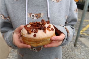bacon donuts at Blue Vegan Pig Shop in Prague