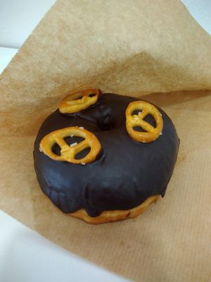 chocolate-pretzel donut at Blue Vegan Pig Shop in Prague