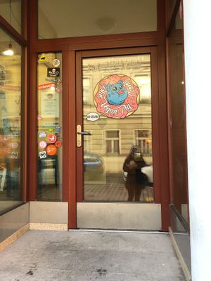 Adorable door at Blue Vegan Pig Shop in Prague