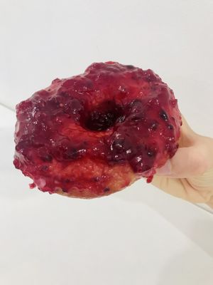 Raspberry jam donut at Blue Vegan Pig Shop in Prague