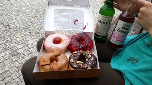 Doughnuts and drinks at Blue Vegan Pig Shop in Prague