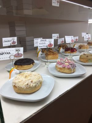 Range of yummy donuts at Blue Vegan Pig Shop in Prague