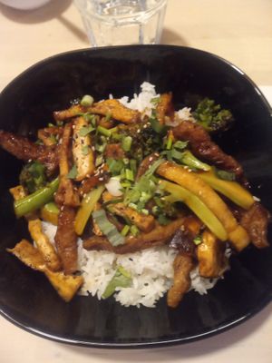 Rice, tofu stripes, leek at Cafe Namnam in Helsinki