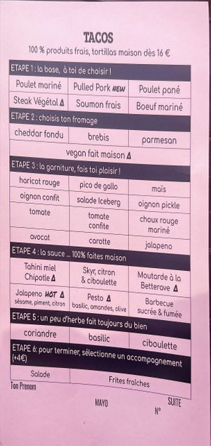 Menu tacos   at California Kitchen in Biarritz