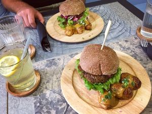 Aubergine/Lentil Burger and KFC Burger  at Elephant in the Room in Thessaloniki