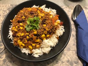 Vegan chilli and rice  at Elephant in the Room in Thessaloniki