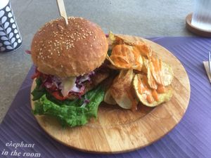 Burger with seitan and fries at Elephant in the Room in Thessaloniki