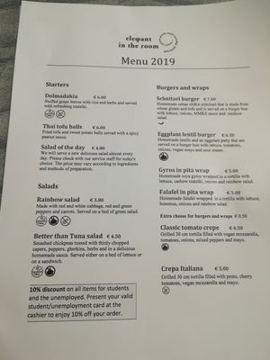menu 2019 at Elephant in the Room in Thessaloniki