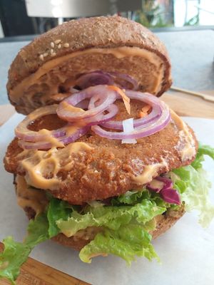 'Chicken's schnitzel burger. Filling and tasty. at Elephant in the Room in Thessaloniki