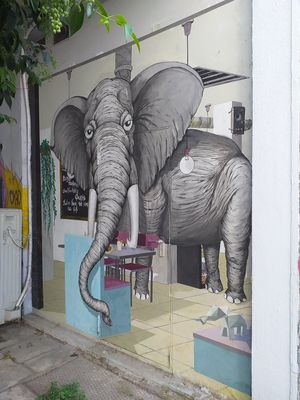 Beautiful mural at rear of restaurant. Make sure you take a look. It is amazing! at Elephant in the Room in Thessaloniki