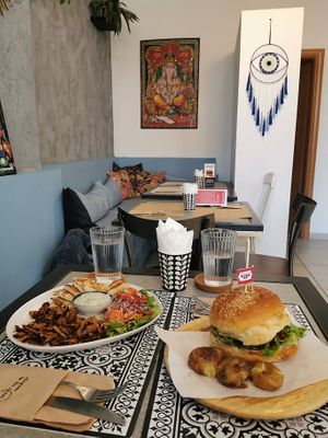 Beyond burger and vegan gyros with tzatziki. at Elephant in the Room in Thessaloniki