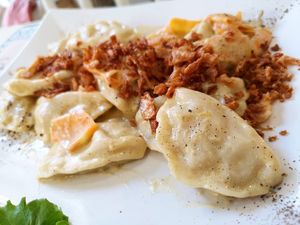 Dumblings in cashew sauce at Elephant in the Room in Thessaloniki