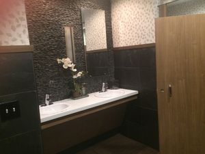 The bathroom at Papaya Asian Kitchen in Rochester