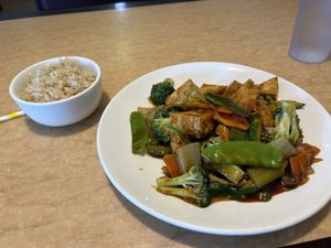 Tofu, veggies, and brown rice.  at Ma Ma Wok in Charlotte