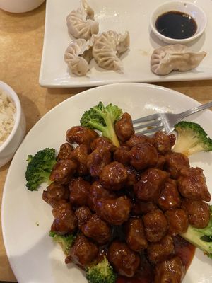 General tso’s veg meat and steamed potstickers   at Ma Ma Wok in Charlotte