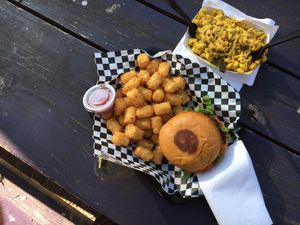 BBQ burger, tater tots, Mac & cheese, all vegan at Arlo's Food Truck - The Grackle in Austin