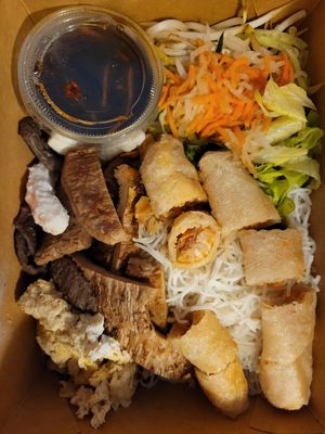 Vegan loaded vermicilli bowl and two spring rolls at Seasoned Fusion Tastes in Saskatoon