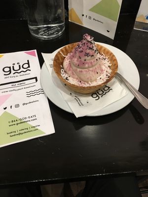 Rose matcha ice cream at güd eats in Saskatoon