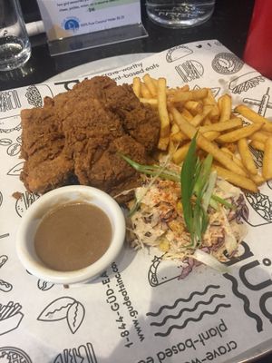 Chicken, slaw, and gravy at güd eats in Saskatoon